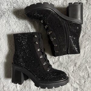 Inc shada black embellished rhinestone lace up combat booties boots